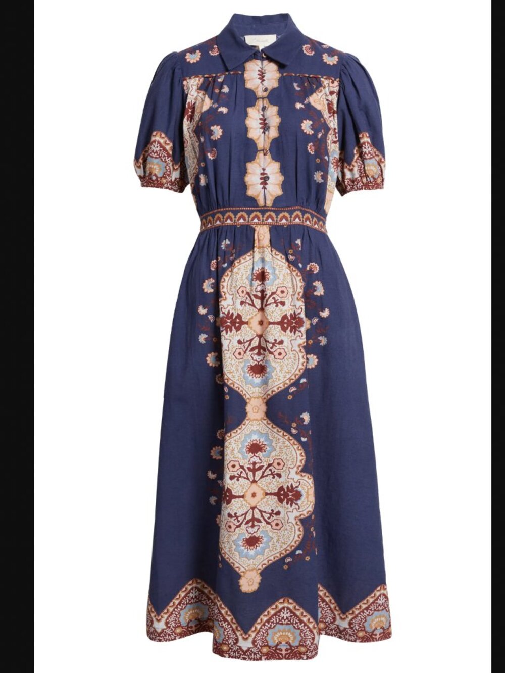 Cleobella Asha Cotton & Linen Navy Printed Midi Dressdress with Puff Sleeves